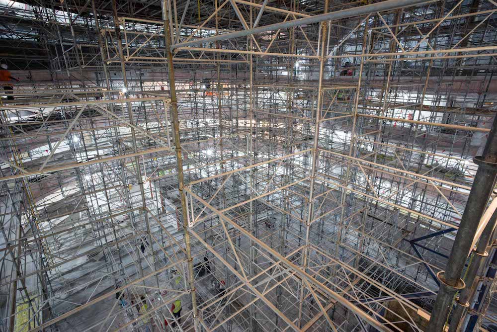 scaffolding to help build the roof at Gaillard Auditorium
