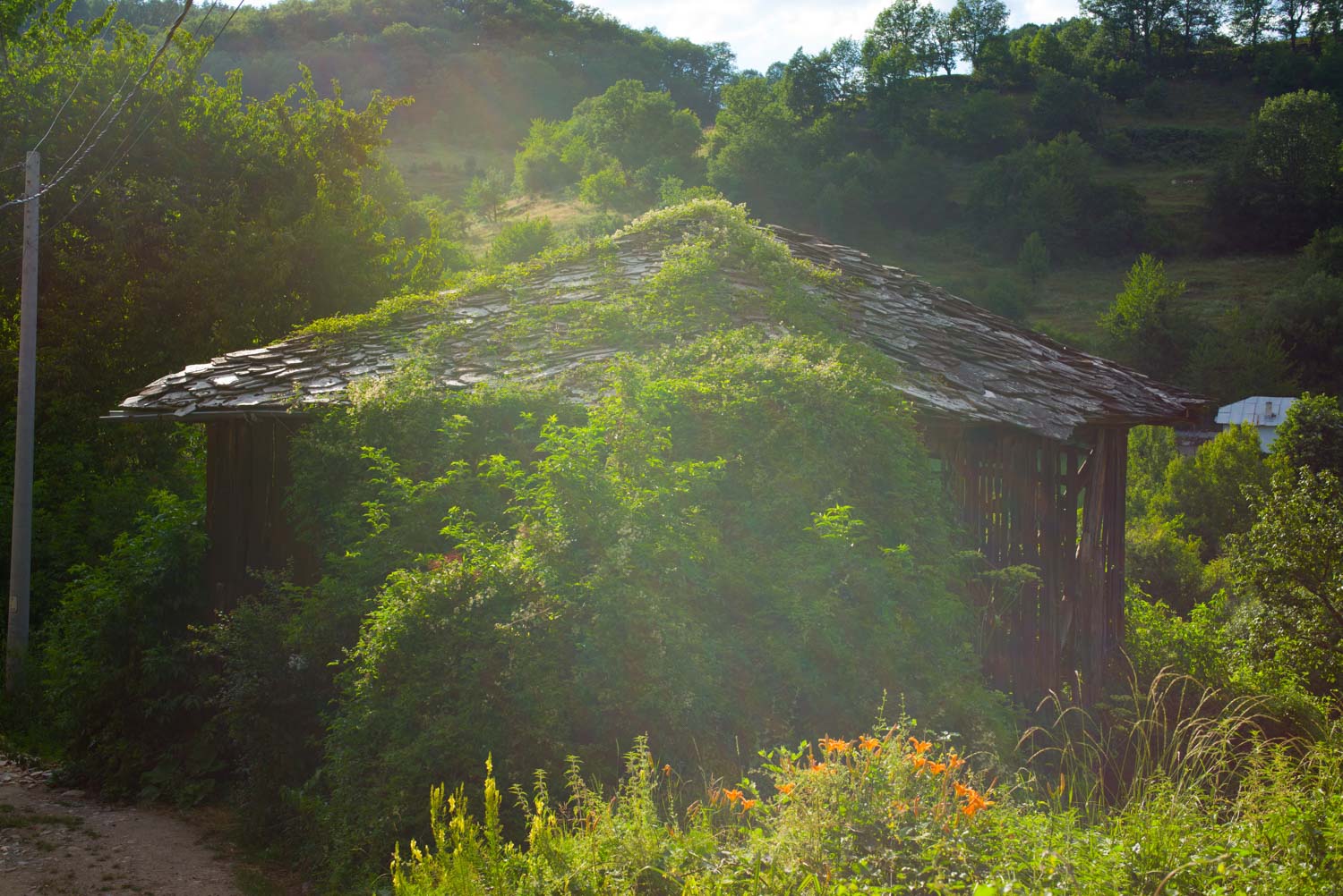 Sunset over old house in Dolen